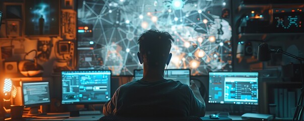 Man working at multiple computer screens with interconnected digital network, highlighting technology, data analysis, and cybersecurity concepts.