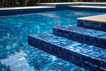 Obraz premium Shimmering blue mosaic pool steps lead into refreshing water