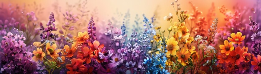 Vibrant floral panorama with an array of colorful wildflowers blooming in a gradient background, capturing nature's beauty in a breathtaking scene.