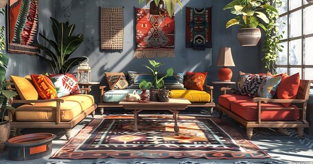 Cozy bohemian living room interior with colorful patterned rugs and pillows