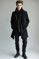 40 A fashionable male model in contemporary attire posing stylishly, full body, simple solid background, studio lighting, a minimalist composition,