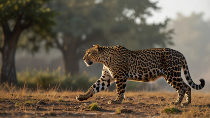 Graceful Departure Spotted Leopard in Profile, Panthera Walking Away