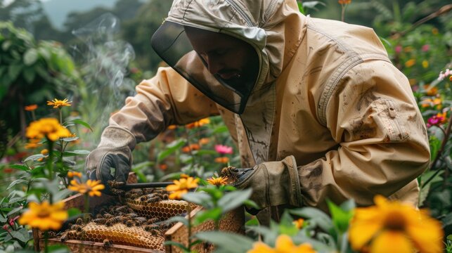 Beekeeper in protective gear carefully inspects a beehive in a lush, blooming garden. The beekeeper uses a smoker to calm the bees, allowing for safe and gentle handling of the honeycomb. This scene