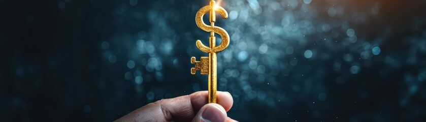 Hand holding a golden key with a dollar sign, symbolizing financial success and investment opportunities against a dark, abstract background.