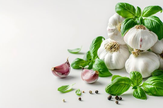Stacked heads and clove of garlic and basil leaves
