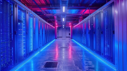Futuristic Server Room with Blue LED Lights, Technology Concept Background