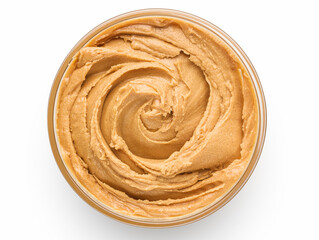 Bowl of peanut butter isolated on white background, top view
