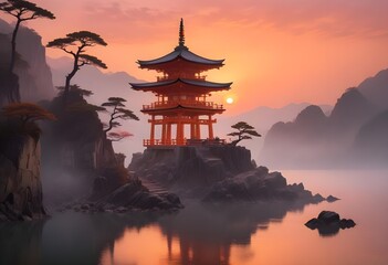 Obraz premium A traditional Japanese temple or shrine perched atop a tall, rocky cliff overlooking a dramatic sunset landscape with a glowing orange sky and reflective water below