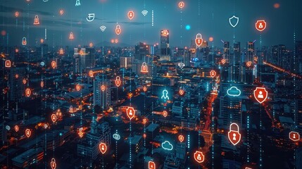 Obraz premium Cybersecurity City: Futuristic Cityscape with Digital Security Icons Overlaid, Copy Space in Sky Area for Text