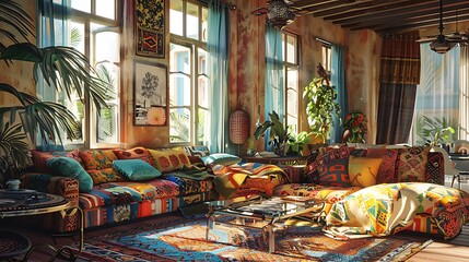 Cozy bohemian living room interior with colorful patterned pillows rugs and plants