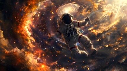 Brave Astronaut Navigating Cosmic Chaos in Dramatic Celestial Explosion