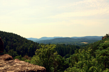 Obraz premium Aussicht in den Pfälzerwald von den Altdahner Burgen bei Dahn im deutschen Landkreis Südwestpfalz im Bundesland Rheinland-Pfalz. Aussicht vom Premium-Wanderweg Hahnfels-Tour.