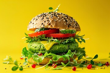 Tasty green vegan burger with vegetables