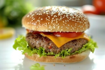 Tasty hamburger with patties cheese and vegetables
