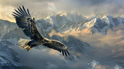 Obraz premium Mountain peaks flying with low clouds and eagle majestically generative ai