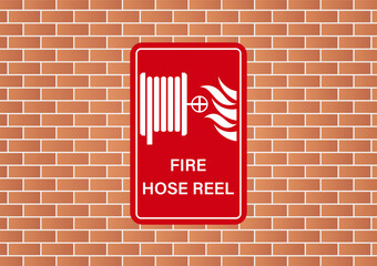 Fire Hose Reel Sign on Wall. Vector Illustration. 