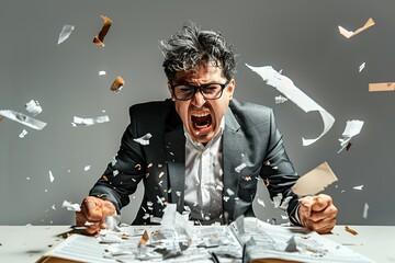 Stressed Businessman Shouting And Throwing Documents In Office