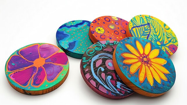 Colorful hand-painted wooden coasters with intricate floral and abstract designs, perfect for home decor and kitchen accessories.