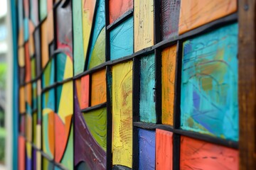 Close-up of a vibrant stained glass window with multicolored geometric patterns, creating an abstract and artistic visual effect.