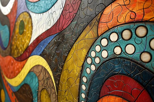 Vibrant and abstract mural painting with intricate patterns and bold colors, showcasing artistic creativity and modern design.
