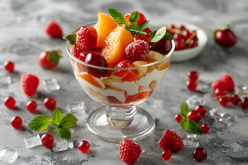 Concept of healthy food, clean eating. Low calories colorful sweet summer dessert. Homemade simple fruit salad in two glasses, ideal breakfast. Orange, apple, strawberry. White wooden background.