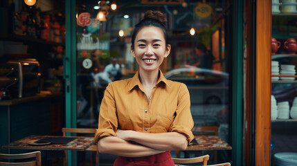 Obraz premium adult successful asian woman stand in front of her restaurant