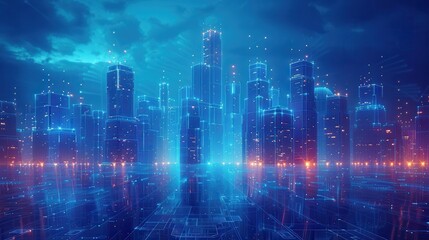 Fototapeta premium Futuristic Wireframe Cityscape with Glowing Network Lines in Blue Tones for Digital Technology Concepts