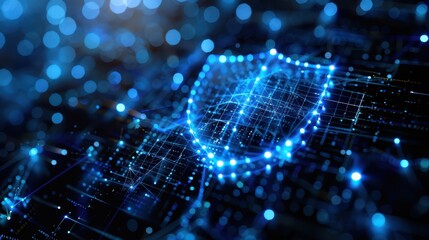 Cybersecurity Shield Wireframe Concept with Glowing Blue Digital Lines for Text Space