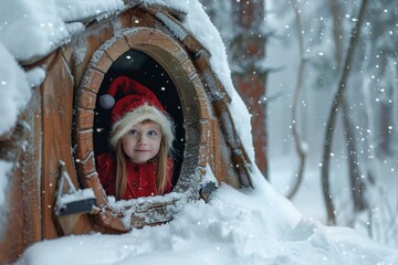 Winter Christmas tale. Cute little elf girl looks out