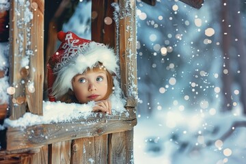 Winter Christmas tale. Cute little elf girl looks out
