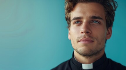 Obraz premium Young priest on blue background