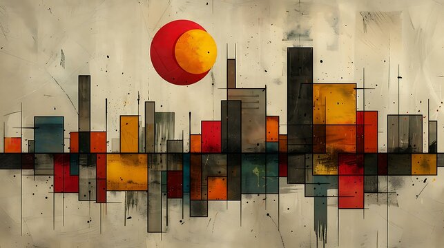 Bold geometric shapes interlocking with vivid colors, creating a striking abstract design