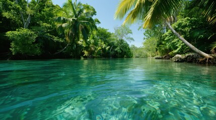 Clear blue water ripples gently amidst overhanging palm leaves and dense green foliage, presenting a bright, inviting, tropical landscape that soothes and invigorates.