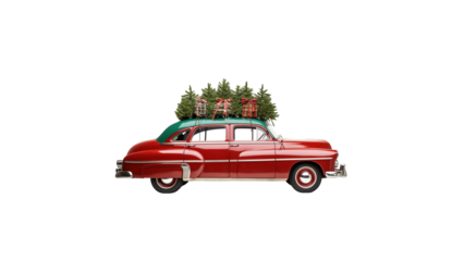 Retro car carries tied lying green Christmas tree cutout