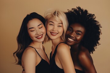 Obraz premium Diverse group of smiling women embracing friendship and joy, radiating positivity. They look happy, confident, and stylish, representing harmonious bonding and multicultural beauty