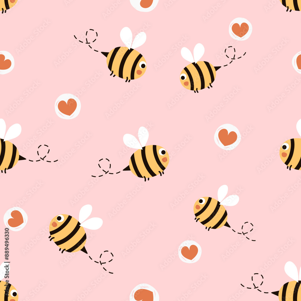 Poster seamless pattern with bee cartoons and red heart on pink background vector.