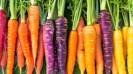 A vibrant assortment of fresh, colorful carrots on display, including orange, purple, and yellow varieties, showcasing healthy farm produce.
