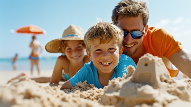 A joyful family of three, including a father and children, happily building a sandcastle on a bright sunny beach day, exemplifying togetherness and summer fun.
