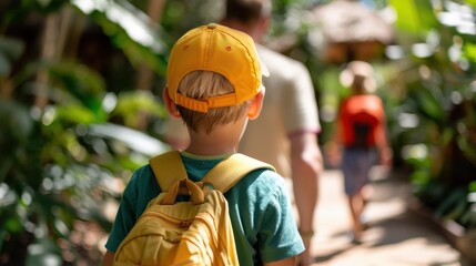 A young child wearing a yellow cap and backpack follows an adult through a lush, green garden pathway, capturing a moment of exploration and adventure in nature.