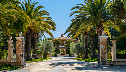 Aegean island, the gate leading to the mansion. Palm trees and gates, in the background a beautiful house