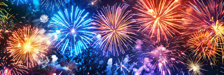 Fototapeta premium Brightly Colorful Fireworks on dark background - party celebration concept. Fireworks in Panoramic View. Colorful panoramic view of fireworks over night sky