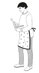 standing man in apron with bowl and spoon	