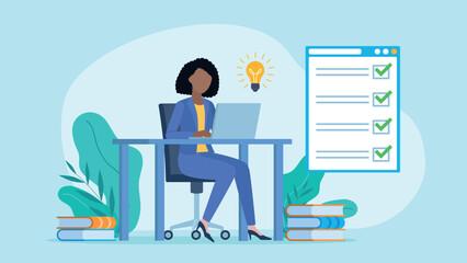 Flat design vector. An female  employee writes on a laptop with a light bulb on it. A website appears in the background with a completed checklist. The checklist is completed correctly. 
