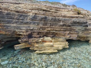 Layered Rock Formation by Clear Waters, Symbolizing the Depth and Complexity of Nature's Timeless Beauty