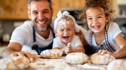 Two children and an adult are joyfully baking bread together in the kitchen, with flour all over their faces and the table, depicting a fun and messy culinary activity.