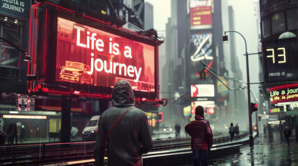 Cyberpunk city street with a large billboard saying Life is a journey