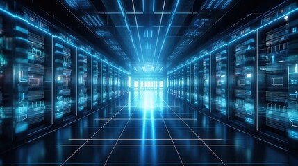 A futuristic server room with illuminated data racks, showcasing the backbone of data connection close up, backbone theme, realistic, overlay, server room