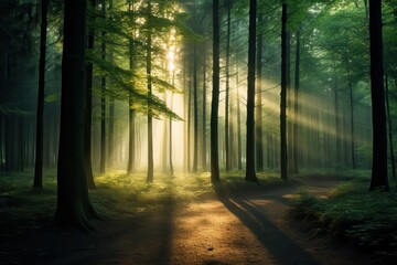 Obraz premium A serene forest with sunlight filtering through the trees, representing the beauty of preserved nature selective focus, preservation theme, ethereal, double exposure, dense forest