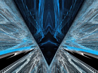 Against a black background and on  tall format , futuristic bright blue and shades of grey pointed design