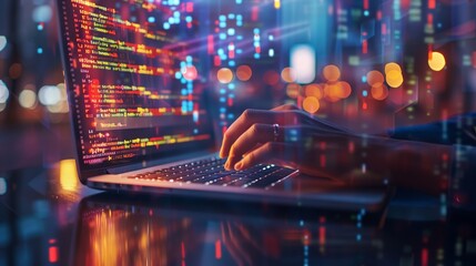 Coding programmer, software engineer working on laptop, digital technology, software development, agile methodology concept.